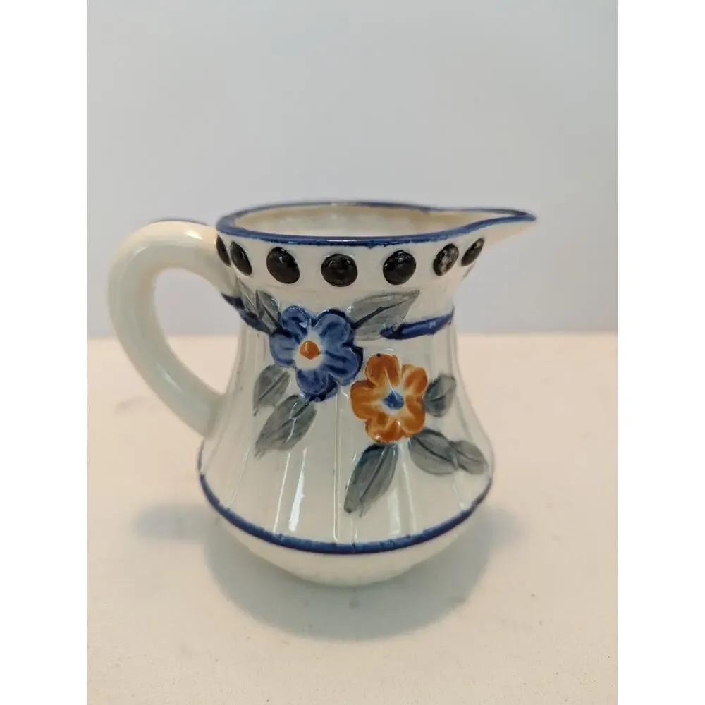 Vintage Japanese Pitcher Ceramic Creamer Hand painted Blue White Floral